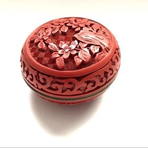 Vintage Chinese Carved Cinnabar Blue Enamel Flower Trinket Ring Box